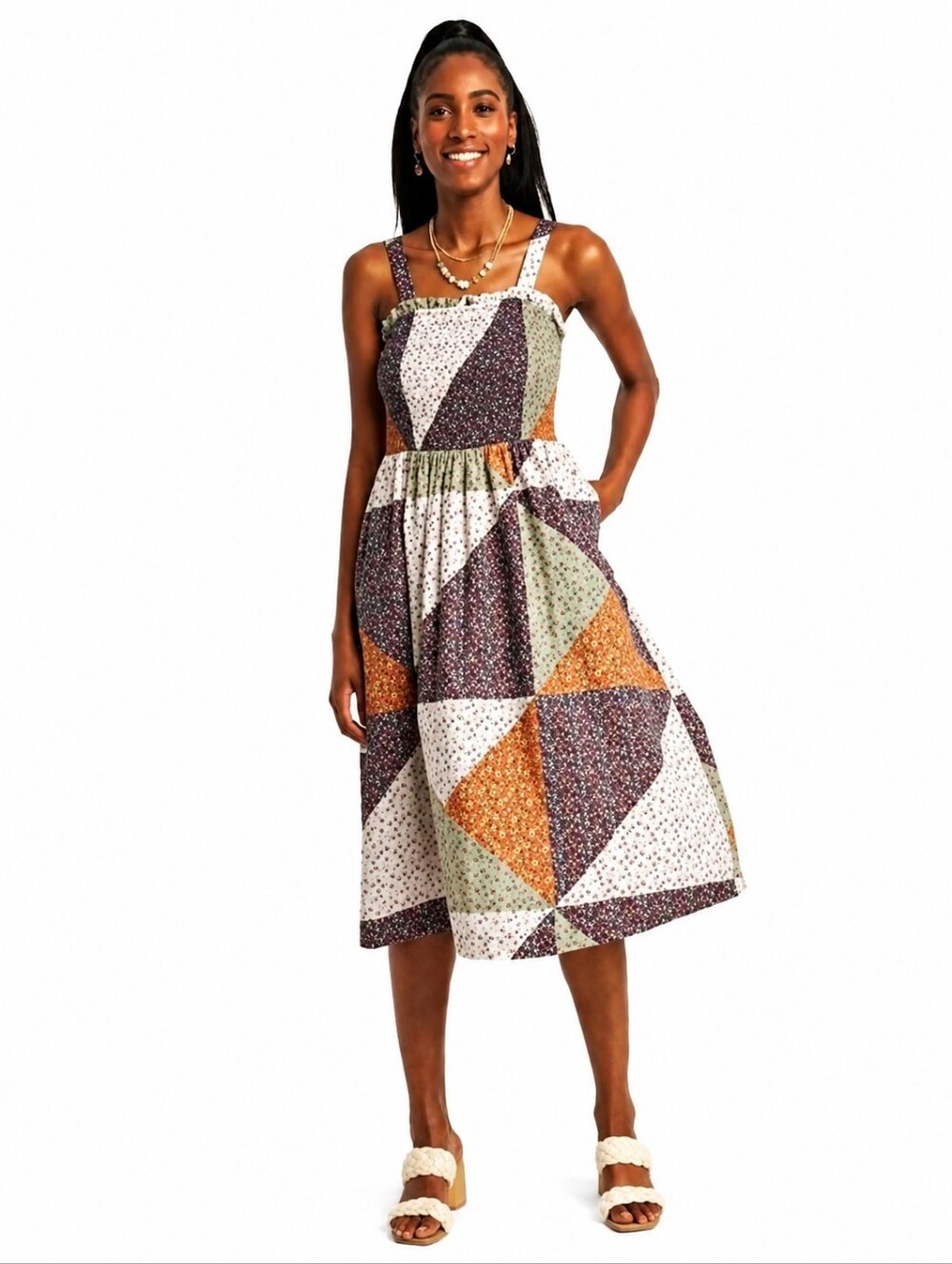 Patchwork Smocked Midi Dress Pockets Floral Casual Cotton Multi Color Size XXL